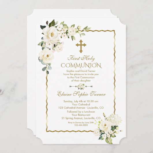 Einzigartige weiße Blume Gold Erste Heilige Kommun Einladung (Vorne/Hinten)