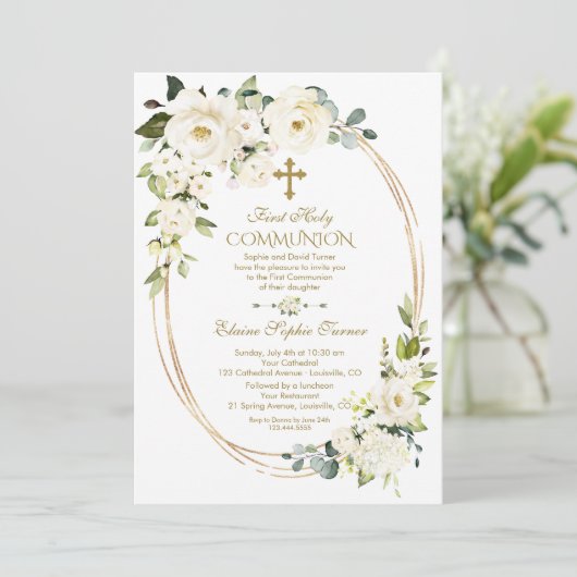 Einzigartige weiße Blume Gold Erste Heilige Kommun Einladung (Stehend Vorderseite)
