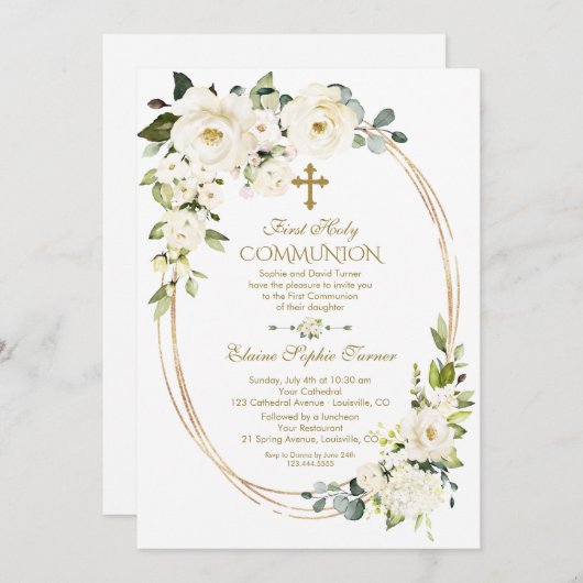 Einzigartige weiße Blume Gold Erste Heilige Kommun Einladung (Vorne/Hinten)