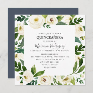 Einzigartige Weiße Flora und Fauna Quinceañera Einladung