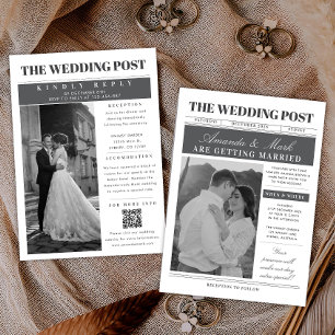 Einzigartige Zeitungs-Hochzeitskarte Schwarz und W Einladung