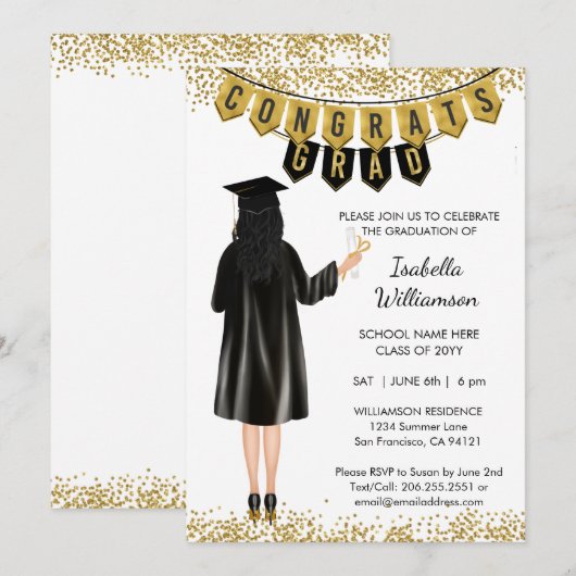 Einzigartiger Abschluss Einladung Schwarzes Haar (Vorne/Hinten)