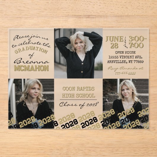 Einzigartiger Black & Gold Abschluss 3 Foto Mattie Acryleinladungen (Vorderseite)