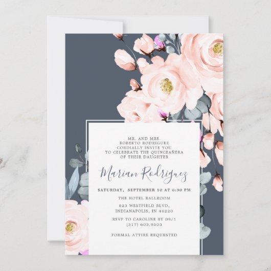 Einzigartiger Blush & Navy Wasserfarbe Blumenkatze Einladung (Vorderseite)