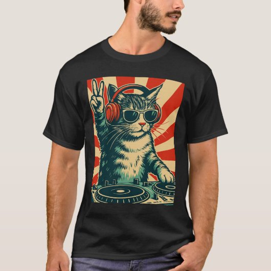 Einzigartiger DJ Cat Kitty T - Shirt, Trendy Graph T-Shirt (Vorderseite)