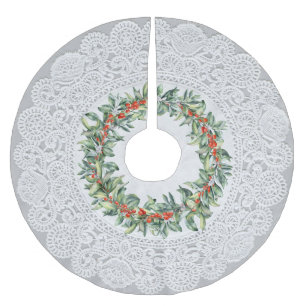 Einzigartiger "Doily"-Look mit Red Berry Wreath Polyester Weihnachtsbaumdecke
