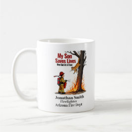 Einzigartiger Feuerwehrmann mit Katze auf brennend Kaffeetasse