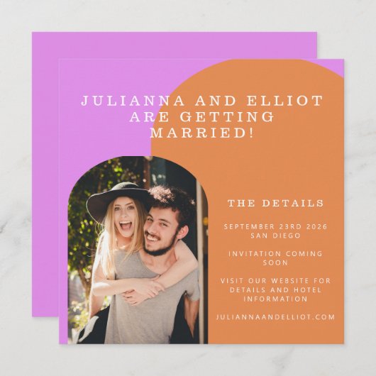 Einzigartiger Fick Rosa Orange Retro Foto Hochzeit Save The Date (Vorne/Hinten)