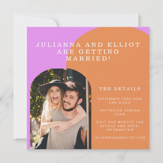 Einzigartiger Fick Rosa Orange Retro Foto Hochzeit Save The Date (Vorderseite)