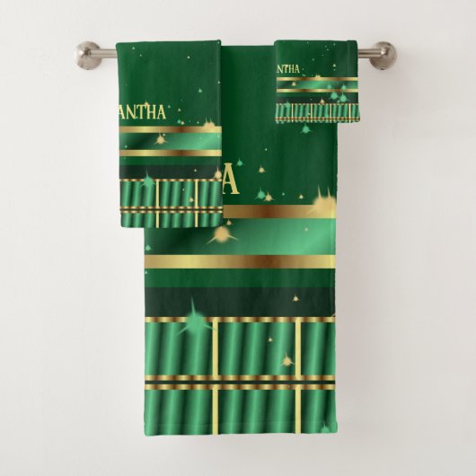 Einzigartiger geometrischer Name Smaragdgrün und G Badhandtuch Set (Insitu)