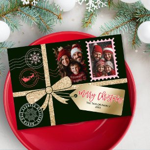 Einzigartiger Glitzer Gold Geschenk Bow Foto Frohe Feiertagskarte