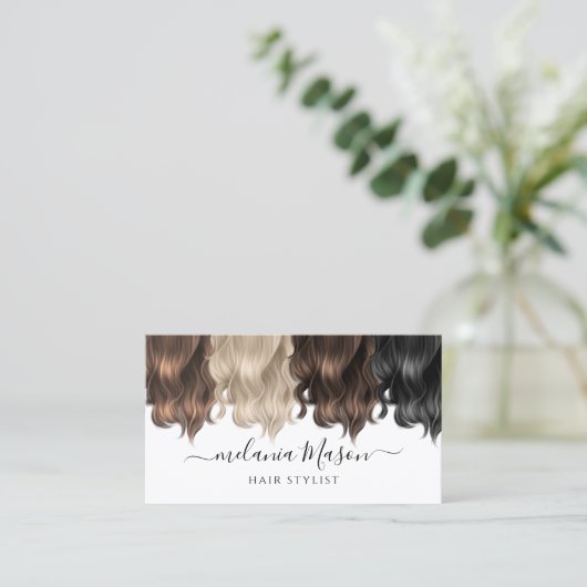 Einzigartiger Hair Stylist Modernes Script weiß Visitenkarte (Stehend Vorderseite)