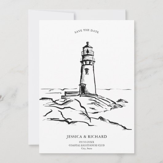 Einzigartiger, handgezeichneter Leuchtturm an der Einladung (Vorderseite)