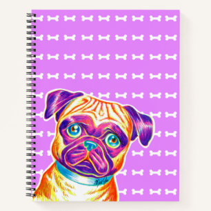 Einzigartiger handgezeichneter Mops Art Lila Noteb Notizblock