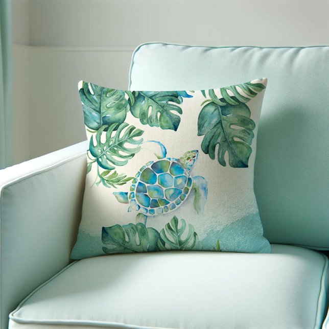 Einzigartiger Meeresschildkröte auf Palm-Blätter Kissen (sea turtle throw pillows gift idea features tropical watercolor art by Victoria Grigaliunas)