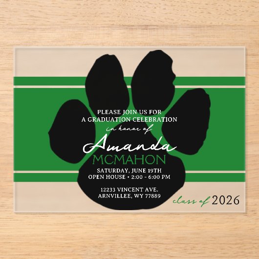 Einzigartiger Pawprint in Grün und Schwarz Abschlu Acryleinladungen (Vorderseite)