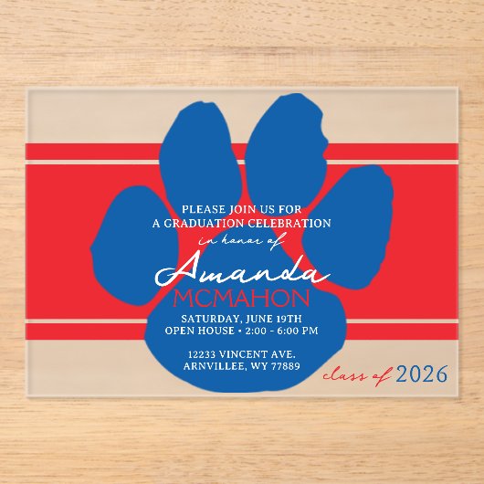 Einzigartiger Pawprint Rot & Blau Abschluss Elegan Acryleinladungen (Vorderseite)