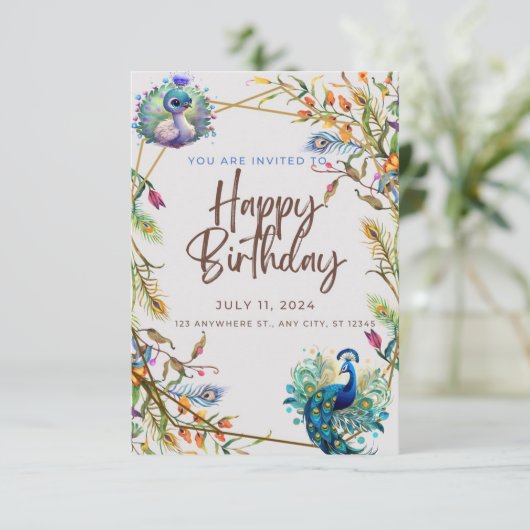 Einzigartiger Pfauenpatina-Geburtstag Einladung (Stehend Vorderseite)