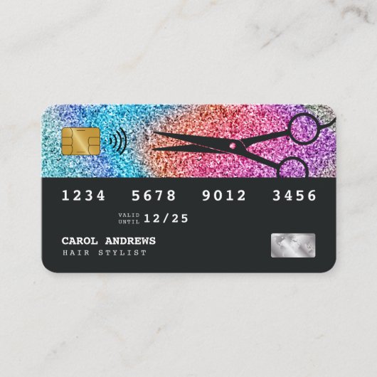 Einzigartiger Rainbow Glitzer Kreditkarte Haarstyl Visitenkarte (Vorderseite)