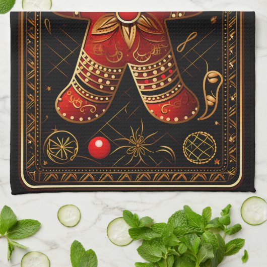 Einzigartiger Red and Gold Gingerbrot Mann Abstrak Geschirrtuch (Gefaltet)