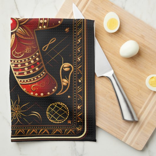 Einzigartiger Red and Gold Gingerbrot Mann Abstrak Geschirrtuch (Viertel Falte)