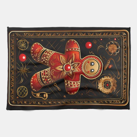 Einzigartiger Red and Gold Gingerbrot Mann Abstrak Geschirrtuch (Horizontal)