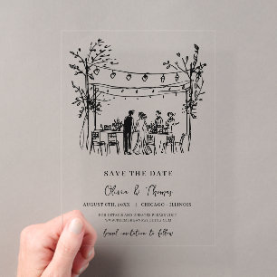 Einzigartiger Save-the-Date-Entwurf handgezeichnet Acryleinladungen
