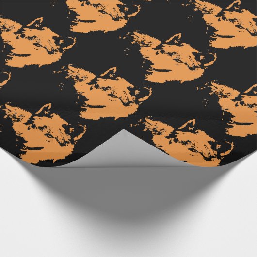 Einzigartiger Schwarz & Orange Pop Art Wolf Silhou Geschenkpapier (Ecke)