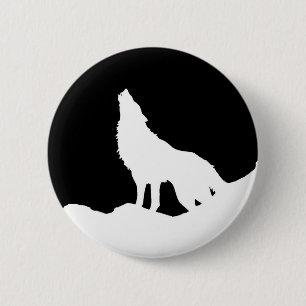 Einzigartiger Schwarz-Weiß-Pop Art Wolf Silhouette Button