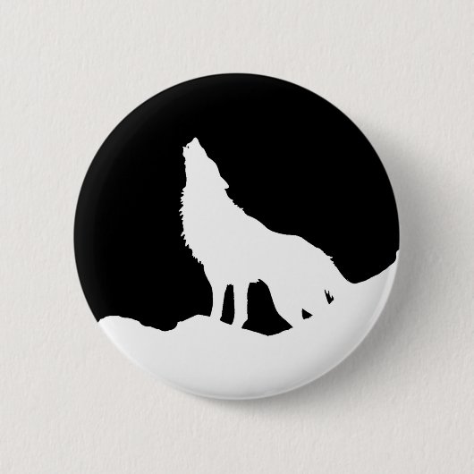 Einzigartiger Schwarz-Weiß-Pop Art Wolf Silhouette Button (Vorderseite)