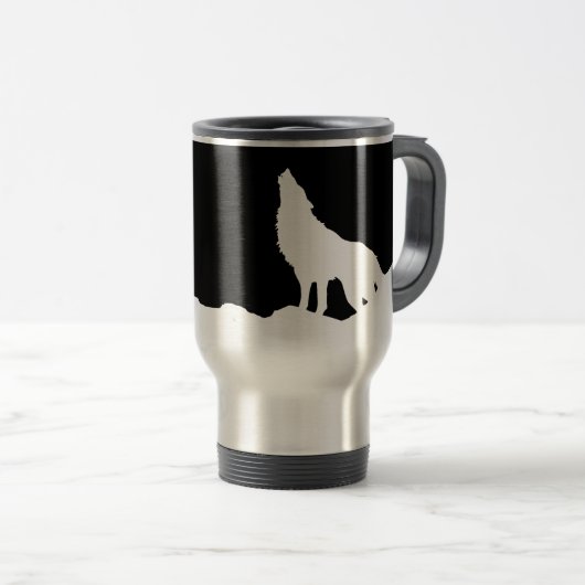 Einzigartiger Schwarz-Weiß-Pop Art Wolf Silhouette Reisebecher (VorderseiteRechts)