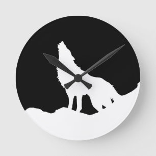 Einzigartiger Schwarz-Weiß-Pop Art Wolf Silhouette Runde Wanduhr