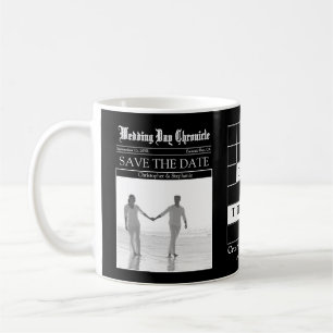 Einzigartiger schwarzer Zeitungs-Save-the-Date-Kaf Kaffeetasse