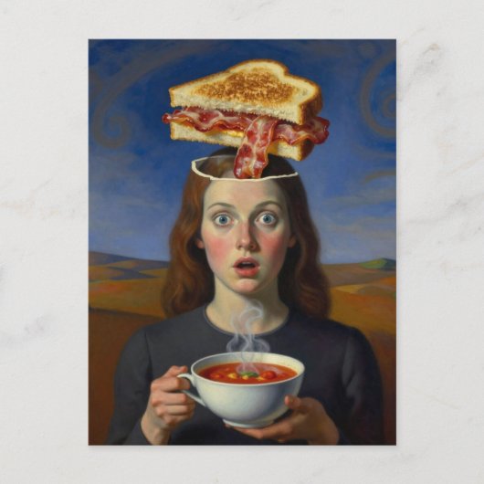 Einzigartiger surrealer Grillkäse und Suppe Postkarte (Vorderseite)