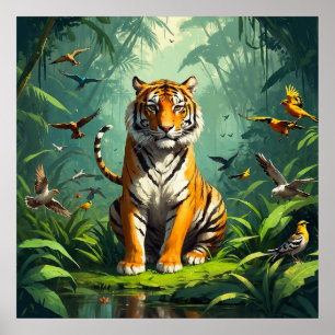Einzigartiger Tiger im Dschungel mit Vögeln um sic Poster