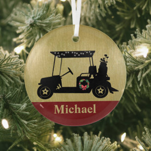 Einzigartiger Weihnachts-Golfwagen mit Schlägern V Ornament Aus Glas