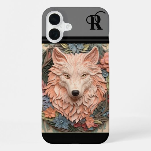 Einzigartiger Wolf und Blume-Monogramm iPhone Hülle (Rückseite)