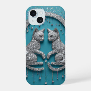 Einzigartiger Zwillingskristall-Katzen-Schmuck Sku iPhone 15 Hülle