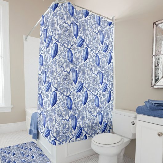 Einzigartiges Blau-Toile-Kokos-Chic-Botanikmuster Duschvorhang