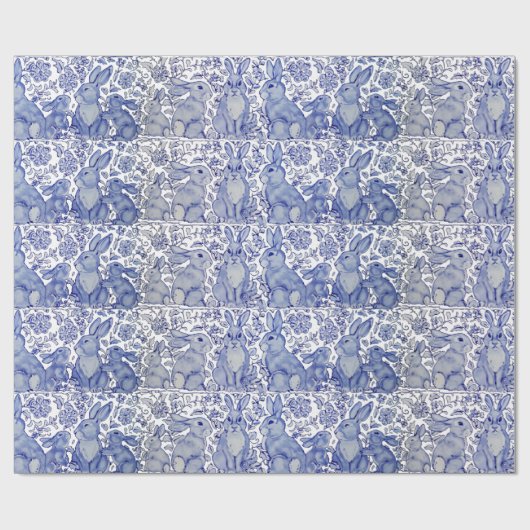 Einzigartiges blaues Kaninchen-Blumenmuster Geschenkpapier (Flach)
