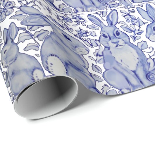 Einzigartiges blaues Kaninchen-Blumenmuster Geschenkpapier (Rolleneckpunkt)