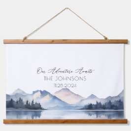 Einzigartiges Blue Mountain Watercolor Wedding Gue Wandteppich Mit Holzrahmen