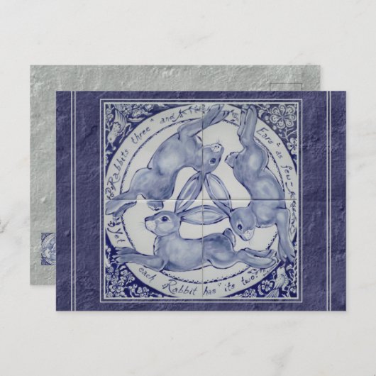 Einzigartiges Blue Three Rabbits Hares Tile Mural Postkarte (Vorne/Hinten)