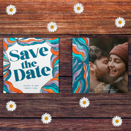 Einzigartiges Boho Groovy Retro Blue Wavy Foto Save The Date