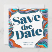 Einzigartiges Boho Groovy Retro Blue Wavy Foto Save The Date (Vorderseite)