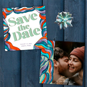 Einzigartiges Boho Groovy Retro Green Wavy Foto Save The Date