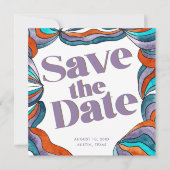 Einzigartiges Boho Groovy Retro Lila Wavy Foto Save The Date (Vorderseite)