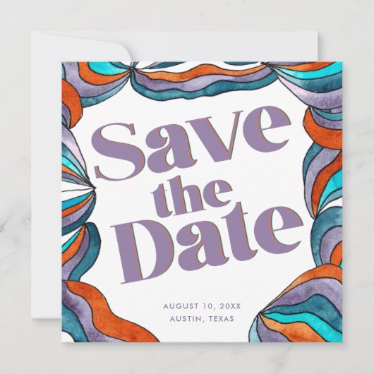 Einzigartiges Boho Groovy Retro Lila Wavy Foto Save The Date (Vorderseite)