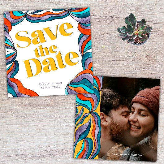 Einzigartiges Boho Groovy Retro Yellow Wavy Foto Save The Date