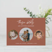 Einzigartiges Boho Terracotta Kids Foto Hochzeit Save The Date (Stehend Vorderseite)